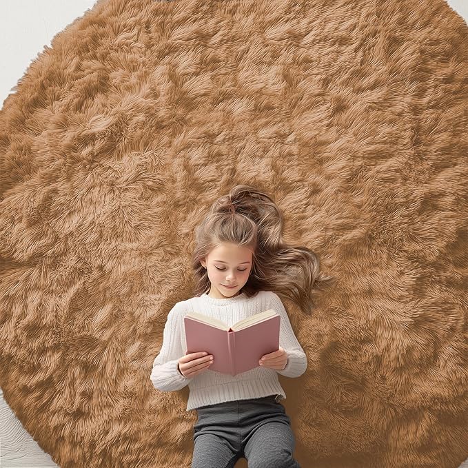 OLANLY Khaki Round Rugs for Bedroom - Machine Washable, 7 ft Circle Area Rugs for Living Room, Soft and Fluffy Shaggy Carpet for Teen Girl and Boys, Nursery Rooms, Dorms, Home Decor Aesthetic