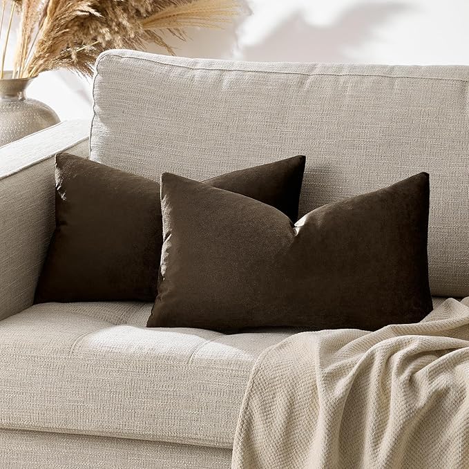 GIGIZAZA Brown Velvet Pillow Covers 12x20,Small Solid Throw Pillow Covers Decorative Modern Pillows Lumabr Vintage Cases Pack of 2
