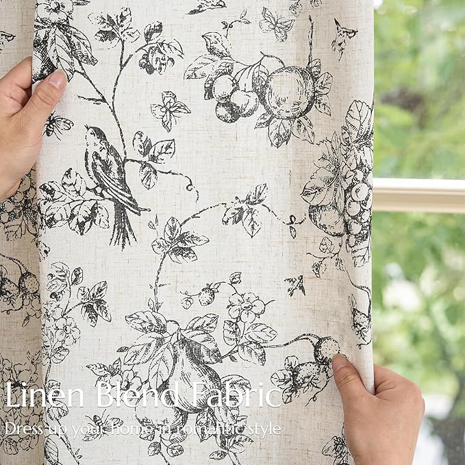 jinchan Linen Floral Curtains for Living Room 96 Inch Length Black Printed Flower Light Filtering French Country Curtain Farmhouse Cottage Core Toile Curtains Back Tab Window Drapes Set 2 Panels