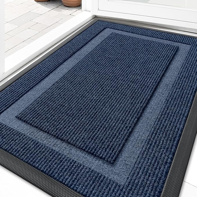 OLANLY Front Door Mat Indoor Outdoor Entrance, Waterproof All-Season, All-Weather Doormat, Sturdy Natural Rubber, Fade Resistant, Low Profile, Easy Clean Patio Porch Entryway Mat, 33x21, Blue