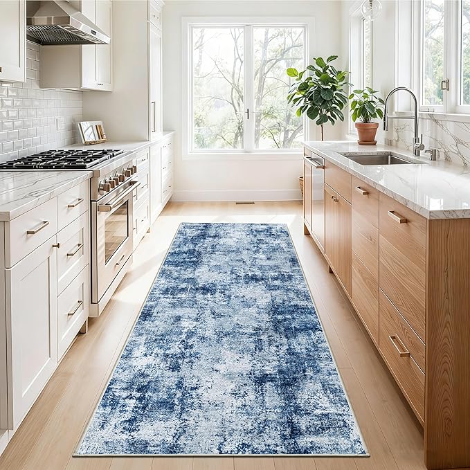 2x5 Washable Runner Rug for Hallway: Non Slip Entryway Runners Rugs Easy-to-Clean - Soft Living Room Bedroom Carpet - Thin Low Pile Floor Mat for Dining Room Blue