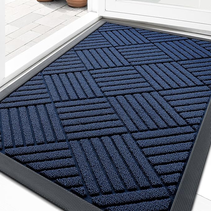 OLANLY Front Door Mat Outside Entrance 33x21, Absorbent, Heavy Duty Sturdy Natural Rubber Doormat Indoor Outdoor, Stain Fade Resistant, Non-Slip Low Profile Floor Mat for Entryway, Navy Blue Diamond