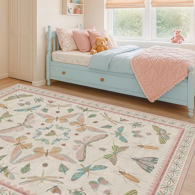 Hazo Haus Butterfly Area Rugs 5x7 for Baby Nursery, Cute Light Pink Rugs for Bedroom Girls, Living Room, Kids Room Playroom Reading Corner, Washable Ultra Soft Stain Resistant Floral Floor Decor