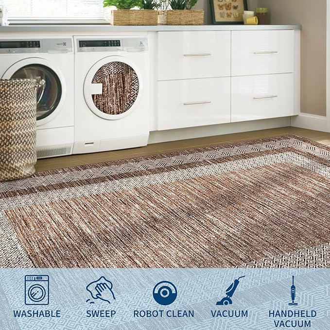 GarveeHome Washable Runner Rug 2x6 Modern Hallway Rug Non Slip Entryway Runner, Geometric Bordered Printed Carpets, Low Pile Thin Foldable Floor Mats, Soft Non Shedding for Kitchen Laundry, Brown