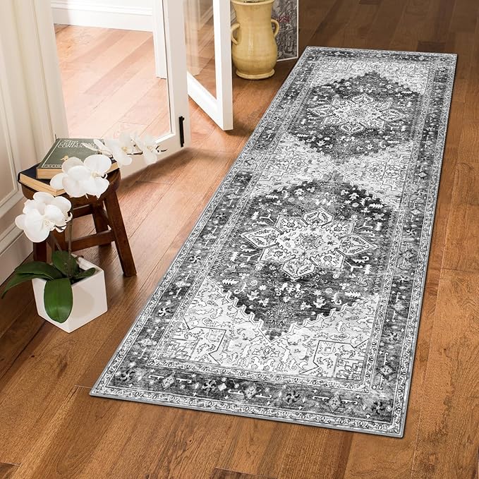 Yamaziot Washable Runner Rug, 2x5 Non-Slip Boho Vintage Hallway Rug Runner with Rubber Backing, Stain Resistant & Low Pile Faux Wool Distressed Carpet Runner for Bedroom, Kitchen, Laundry, Entrance