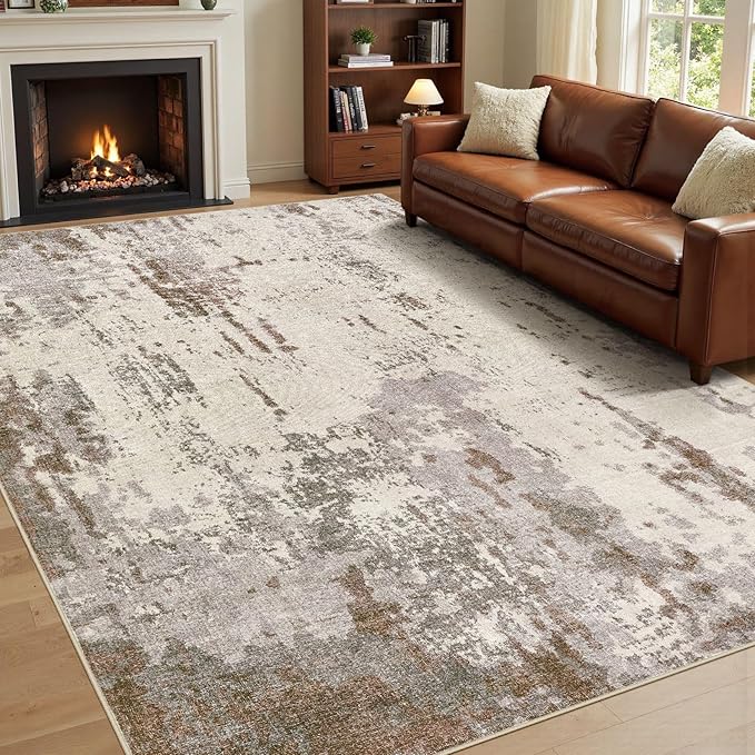 UERMEI 8x10 Area Rug Living Room Rugs - Washable Neutral Modern Abstract Soft Thin Rug Indoor Floor No Slip Rug Carpet for Bedroom Under Dining Table Home Office Decor - Brown/Grey/Beige