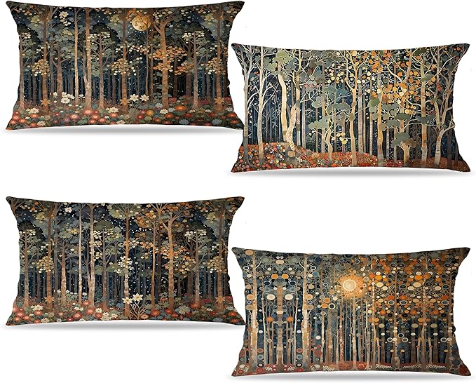 Rustic William Morris Inspired Forest Moon Pillow Covers 12x20 Set of 4,Vintage Botanical Nature Landscape Decorative Throw Pillow Covers for Home Bedroom Living Room,Fall Home Room Decor