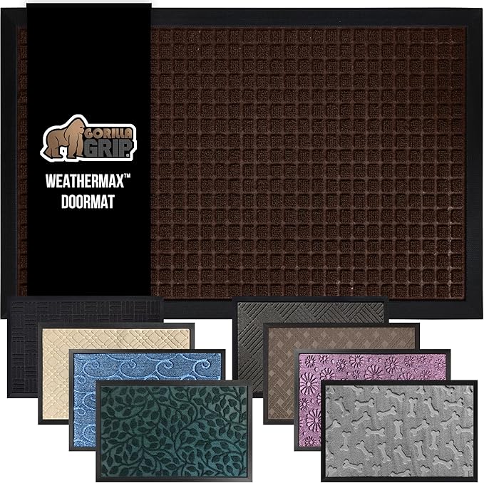 GORILLA GRIP 100% Waterproof All-Season WeatherMAX Doormat, 72x24, US Designed Natural Rubber, Stain and Fade Resistant, Low Profile Indoor Outdoor Door Mats, Easy Clean Patio Mat, Coffee Squares