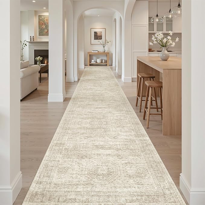 Hallway Runner Rug 3x18 - Kitchen Rugs 18ft Washable Entryway Rug Vintage Kitchen Runners Non Slip Farmhouse Indoor Carpet Runner for Living Room Bedroom, Beige