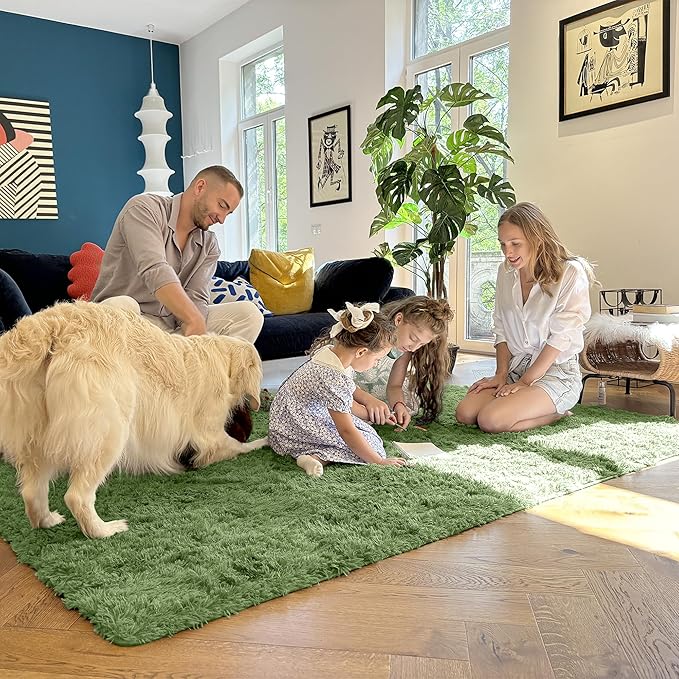 OLANLY 2x4 Machine Washable Runner Rugs for Hallway, Soft Fluffy Shaggy Bedside Rugs for Bedroom, Living Room, Indoor Floor Carpet for Kids Girls and Boys, Home Decor Aesthetic, Green