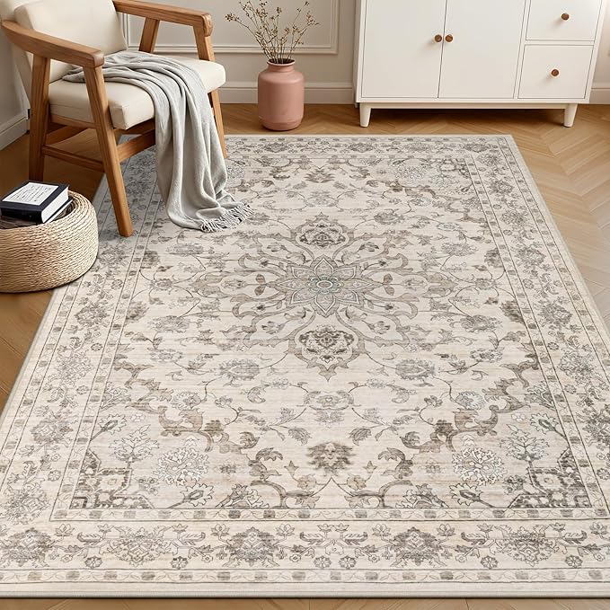 3x5 Area Rugs Living Room Rug: Washable Vintage Distressed Floral Rug No Slip Stain Resistant Soft Carpet Indoor Floor Large Carpets for Bedroom Dining Room Farmhouse Nursery Home Office Brown Beige