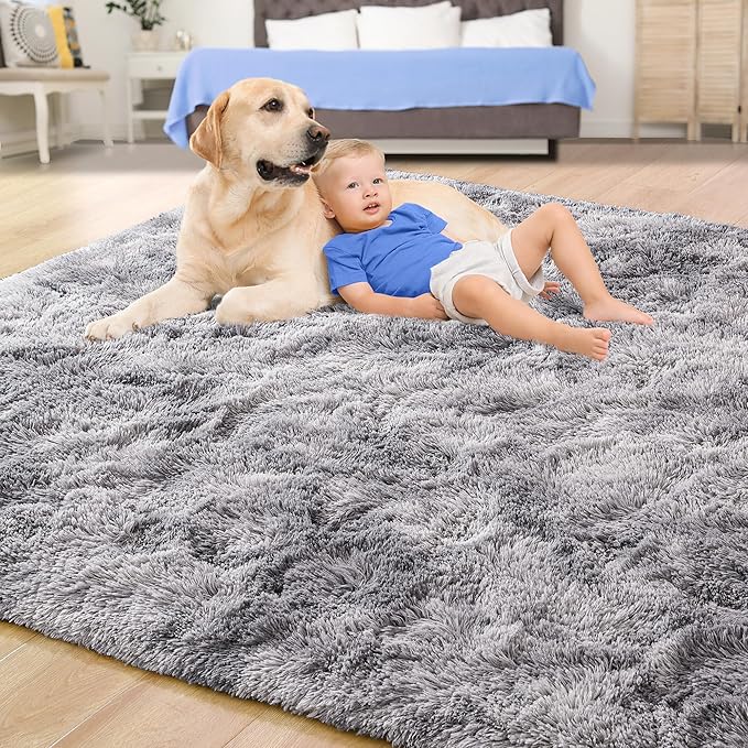 Tepook Area Rugs 9x12 for Living Room, Super Soft Fluffy Rugs for Bedroom, Modern Shaggy Rug Fuzzy Carpets for Kids, Plush Indoor Nursery Home Decor Rug with Non-Slip Bottom, Tie-Dyed Light Grey