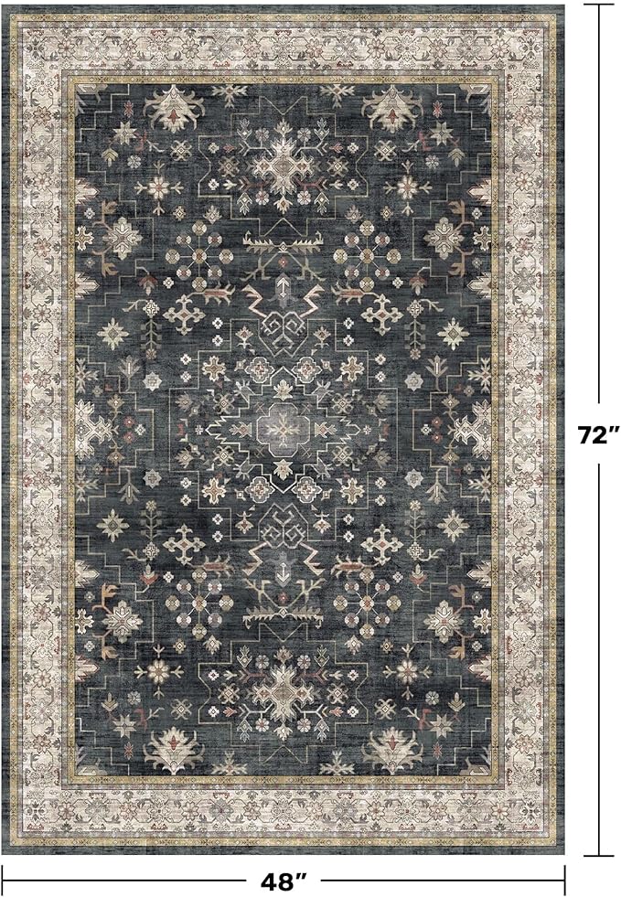 Boho Washable 4x6 Entryway Rug - Non-Slip Low Pile Geometric Area Rug for Living Room, Large Kitchen, Bedroom, Office - Ultra Soft Dark Modern Aesthetic Decor, Black & Multi