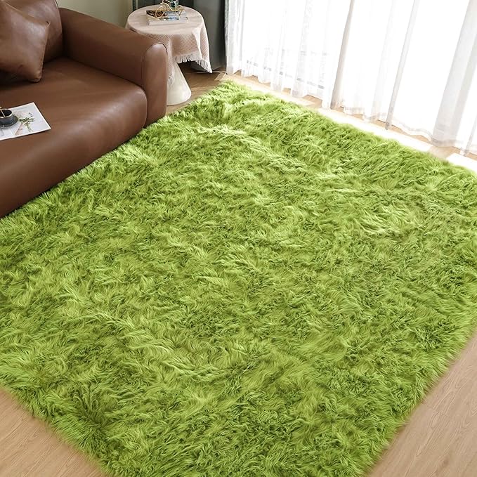 Goolela Lime Green Area Rug 8x10 Fluffy Fuzzy Furry Rug for Bedroom Living Room Faux Sheepskin Fur Shaggy Soft Rectangle