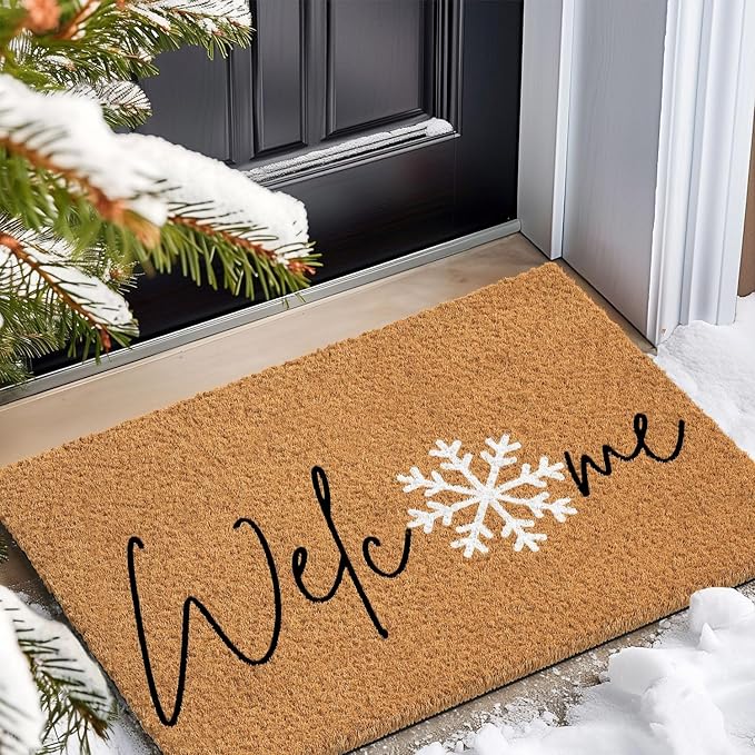Barnyard Designs Natural Coco Coir Christmas Doormat - Large Cute Non-Slip Heavy Duty Backing Door Mat for Outside Entrance or Porch Entry, Brown (24x36, Winter Snowflake)