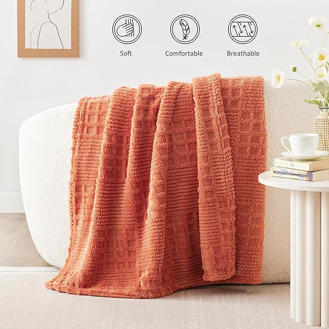 EXQ Home Fleece Throw Blanket for Couch or Bed - 3D Waffle Patchwork Pattern Jacquard Decorative Blankets - Cozy Soft Fuzzy Flannel Blanket Suitable for All Seasons(50"×60",Terracotta)