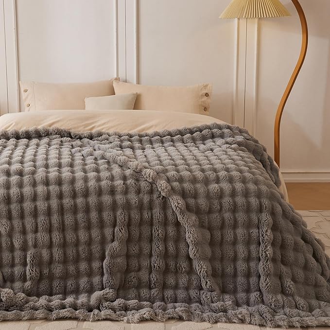 COOVA Faux Fur Throw Blanket for Couch, Cozy Soft and Fuzzy Plush Rabbit Fur Bubble Blanket for Sofa Bedroom Living Room, 60x80 Inches Grey