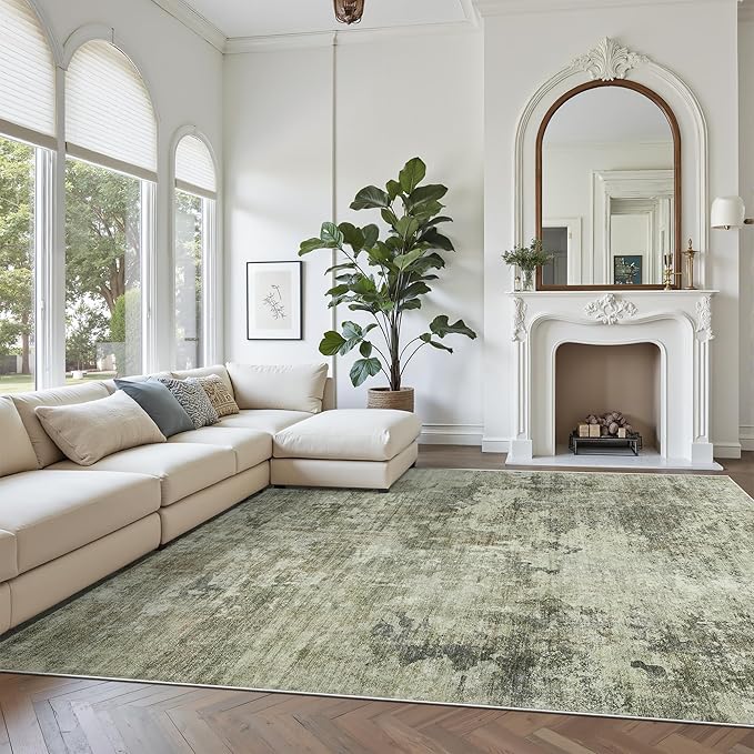 Abstract Rug 8x10 Large Living Room Neutral Modern Washable Area Rugs for Bedroom Dining Room Non-Slip Stain Resistant Foldable Thin Green Black
