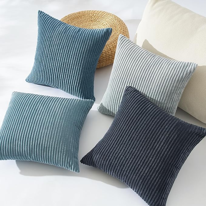 Topfinel BlueGray Throw Pillow Covers 24x24 Inch Set of 4,Soft Accent Corduroy Decorative Cushion Cover,Square Modern Pillow Case for Beach,Patio,Balcony,Living Room,Summer Gradient Shams Home Decor