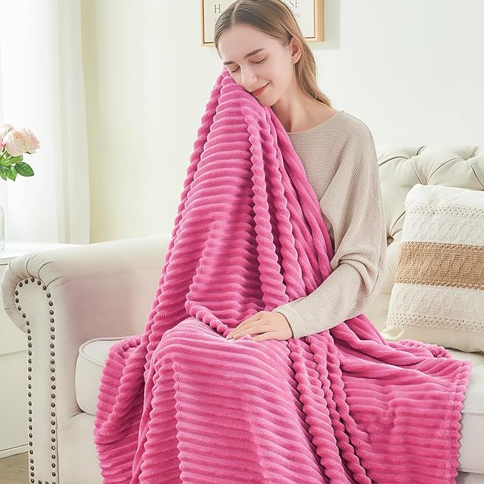 BEDELITE Fleece Throw Blanket for Couch – 3D Ribbed Jacquard Soft and Warm Decorative Fuzzy Blanket – Cozy, Fluffy, Plush Lightweight Hot Pink Throw Blankets for Bed, Sofa, 50x60 inches