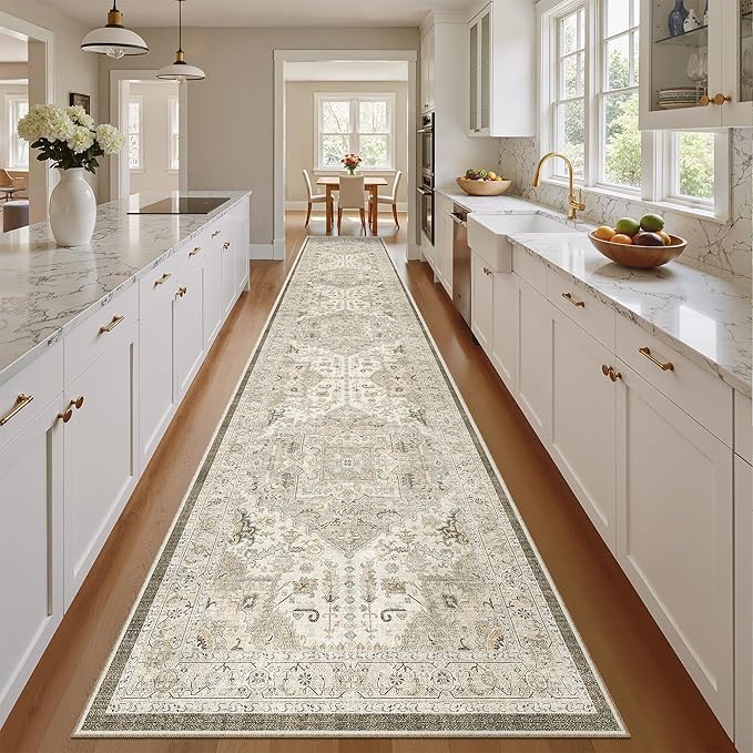 Madane Hallway Runner Rug 2'6''x14' Kitchen Runner, Non Slip Vintage Runners for Hallways Washable Kitchen Rugs Soft Low Pile 2.5x14 ft Rug Runner for Laundry Room, Entryway and Bedroom, Ivory/Brown