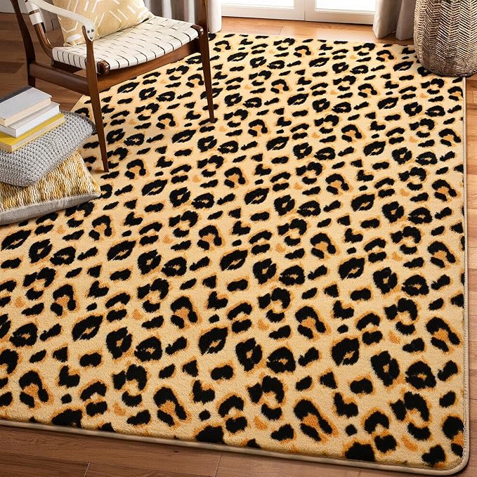 Amearea Soft Leopard Rugs for Bedroom Living Room, 3x5 Modern Cheetah Print Thickened Memory Foam Rug, Fluffy Indoor Washable Animal Rug Carpet for Kids Boys Girls Dorm Nursery Room Home Decor, Khaki