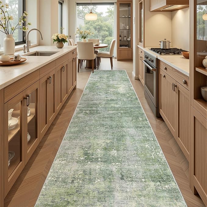 Runner Rug 2x10 Washable Non-Slip Hallway Runner Rugs for Kitchen Bathroom Laundry Room Green/Ivory Vintage Floor Carpet Runners for Hallways Entryway