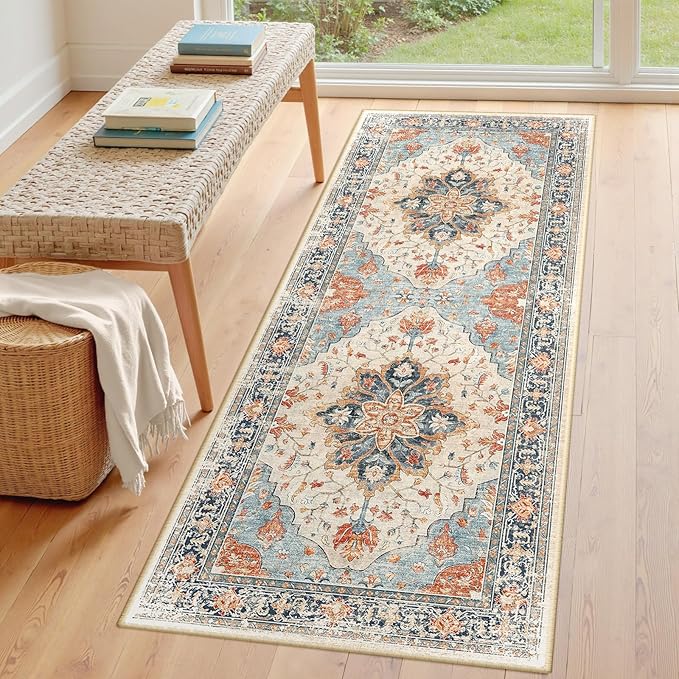 RELEANY Area Rugs 3'x8' Runner Rug Non Slip Washable for Kitchen Hallway Bedroom Beside Laundry Room Bathroom Rug, Floor Carpet, Beige Navy Blue Orange Colorful