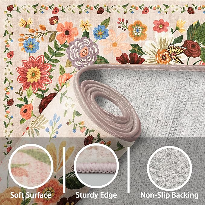 Runner Rug 2x6, Kitchen Rug Non Slip Washable Rugs with Rubber Backing Soft Floral Carpet Runner for Hallways, Kitchen, Laundry, Bedroom, Bathroom (2 x 6, Beige)