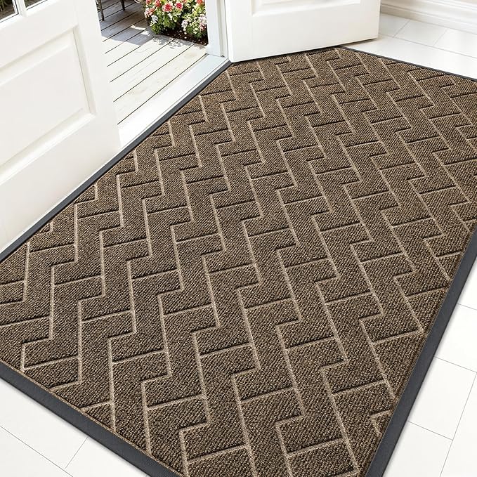 OLANLY Front Door Mat Indoor Outdoor Entrance, Waterproof All-Season, All-Weather Doormat, Sturdy Natural Rubber, Low Profile, Easy Clean Patio Porch Entryway Mat, Herringbone Brick (Brown, 59x35)