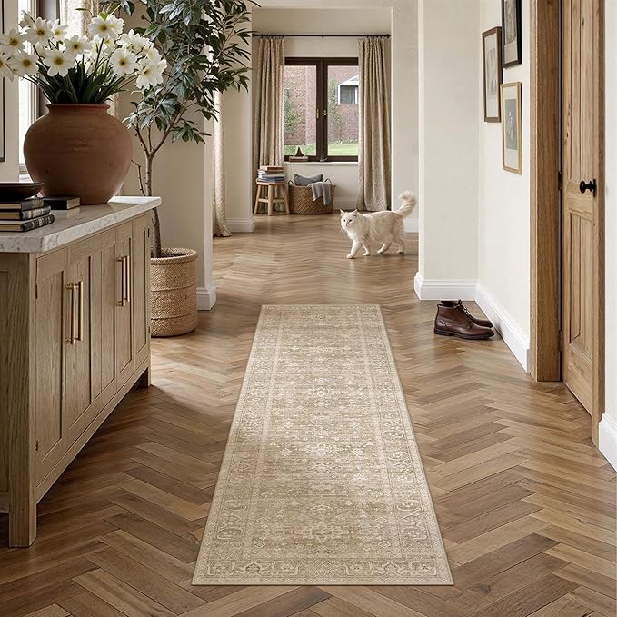 2x5 Washable Runner Rug for Hallway Kitchen Vintage Beige Non Slip Low Pile Carpet Traditional Retro Soft Throw Rug for Bathroom Bedroom Entryway Indoor Entrance