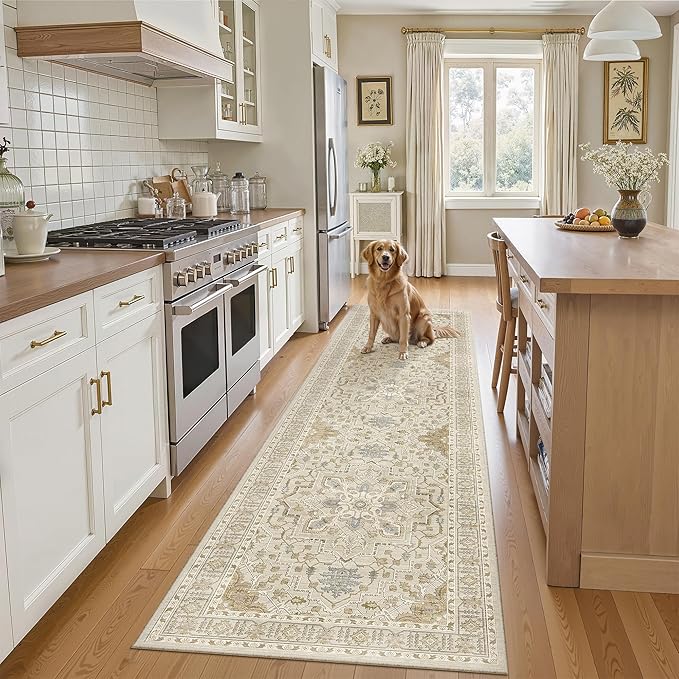 Madane Runner Rug 2x8, Washable Hallway Runner Rugs, Non-Slip Low-Pile Soft Kitchen Rug Runner Laundry Room Rug, Vintage Throw Entry Foyer Mat for Entrance Living Room (Beige/Blue, 2 x 8)