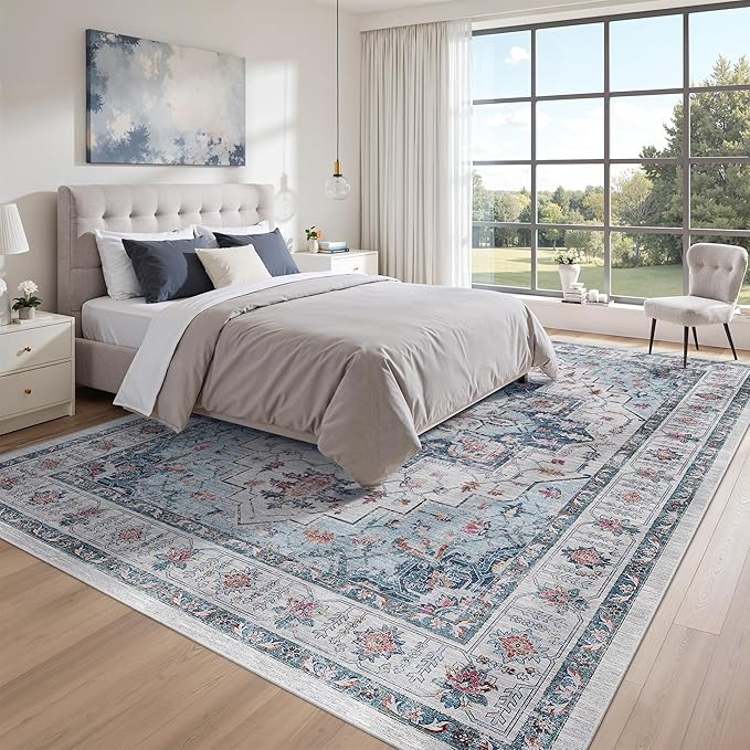 zesthome Area Rugs 9x12, Washable Rug Non-Slip Low Pile Rugs for Living Room, Bedroom, Home Decor Vintage Large Area Rug (Blue,9'x12')