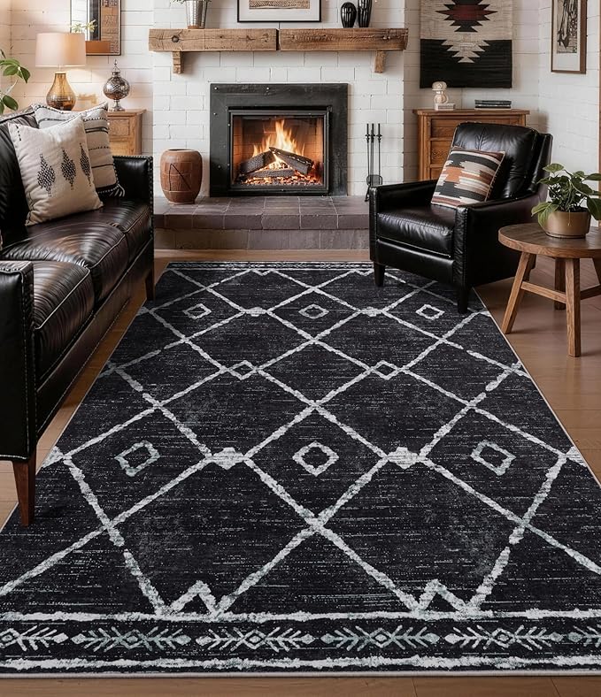 YIHOUSE Moroccan Area Rugs for Living Room 5x7, Black and White Aztec Rug, Western Geometric Soft Low-Pile Washable Rugs for Bedroom, Dining Room