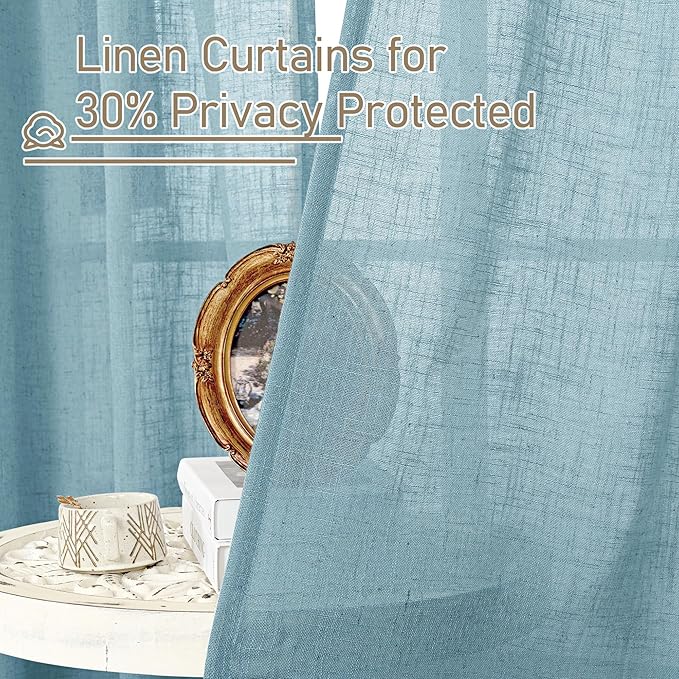 LAMIT Semi Sheer Linen Curtains 45 Inches Long, Light Filtering Panels Back Tab and Rod Pocket Country Decor Drapes for Farmhouse/Window/Bedroom, Stone Blue, 2 Panels, 52 x 45 Inch