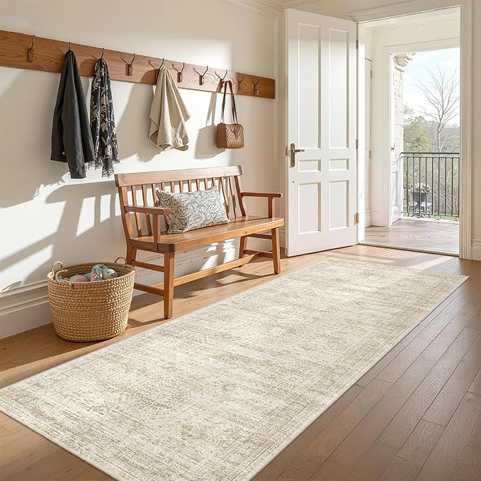 3x6 Runner Rug Non Slip, Thin Entryway Washable Rug for Entryway, Runners for Hallways, Low Pile Vintage Abstract Soft Rugs for Living Room, Kitchen, Bedroom(3'x6', Beige/Ivory)