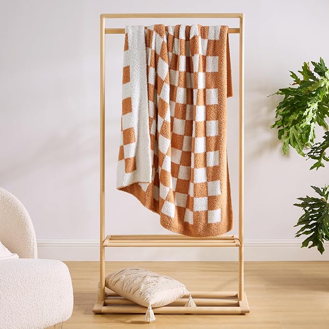 Bedsure GentleSoft Checkered Throw Blanket for Couch - Super Soft Cozy & Warm Knit Burnt Orange Blanket, Breathable, Lightweight & Fluffy Plaid Blankets for Bed, Sofa, Gifts for Women, 50x60 Inches