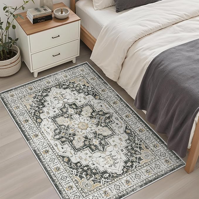 Madane Washable Entry Rug 3x4, Area Rugs for Entryway Kitchen Bathroom Door Mat Indoor Entrance, Vintage Floral Print Office Runner with Non Slip Rubber Backing, Black
