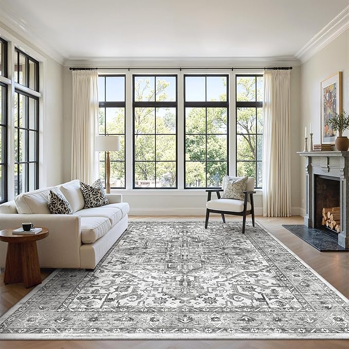 zesthome 6x9 Area Rug, Super Soft Washable Rugs for Living Room, Non-Slip Stain Resistant Vintage Rugs, Ultra-Thin Large Area Rugs (Grey/White,6'x9')