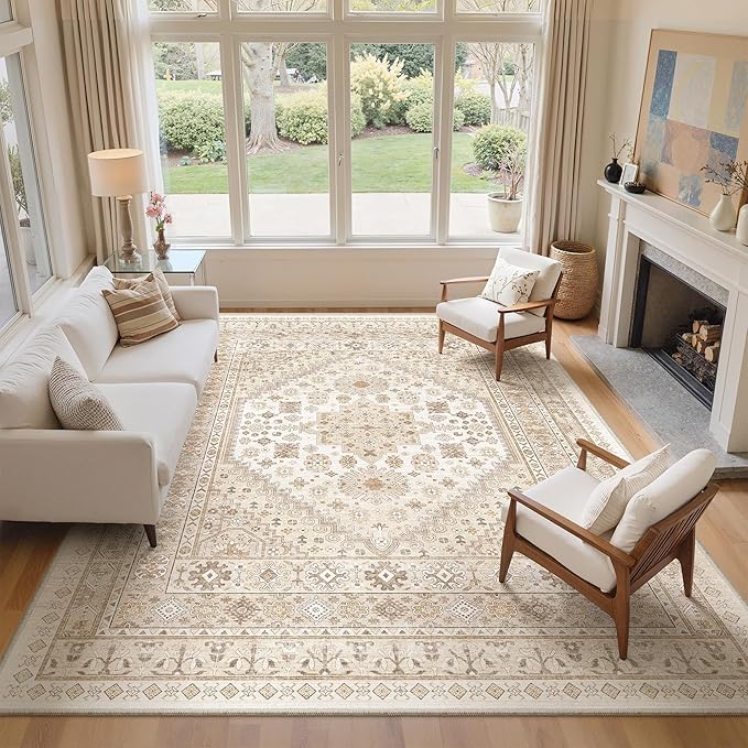 zesthome 10x12 Area Rugs,Stain Resistant Washable Rug,Ultra-Thin Rugs for Living Room,Bedroom,Non-Slip Backing Home Decor Large Area Rug (Cream/Beige,10'x12')