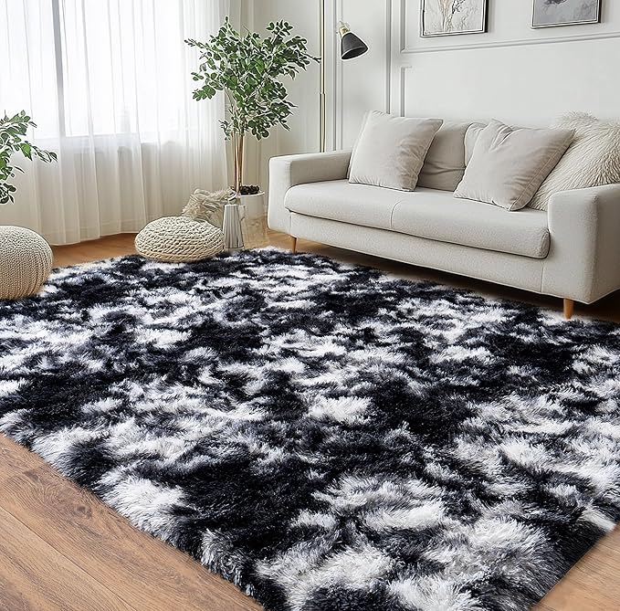 Pionblank Super Fluffy Area Rug for Living Room 5x7 Feet, Modern Indoor Shaggy Carpet, Soft Plush Non Slip Rugs for Bedroom Kids Room Cloakroom Home Decor, Black White