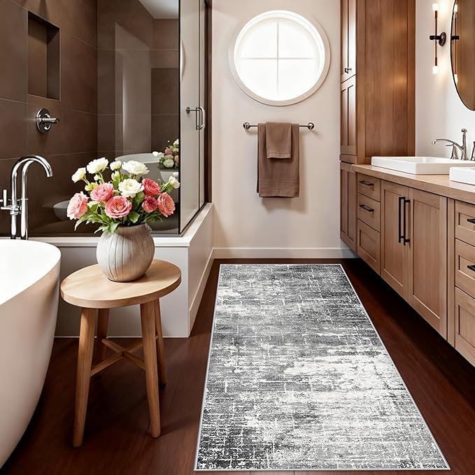 2x6 Abstract Kitchen Runner Rug - Washable Non-Slip Hallway Bedroom Carpet Low Pile Laundry Entryway Rugs with Non Slip Rubber Backing Modern Home Decor Mat for Dining Room Bathroom (2x6 Black/Grey)