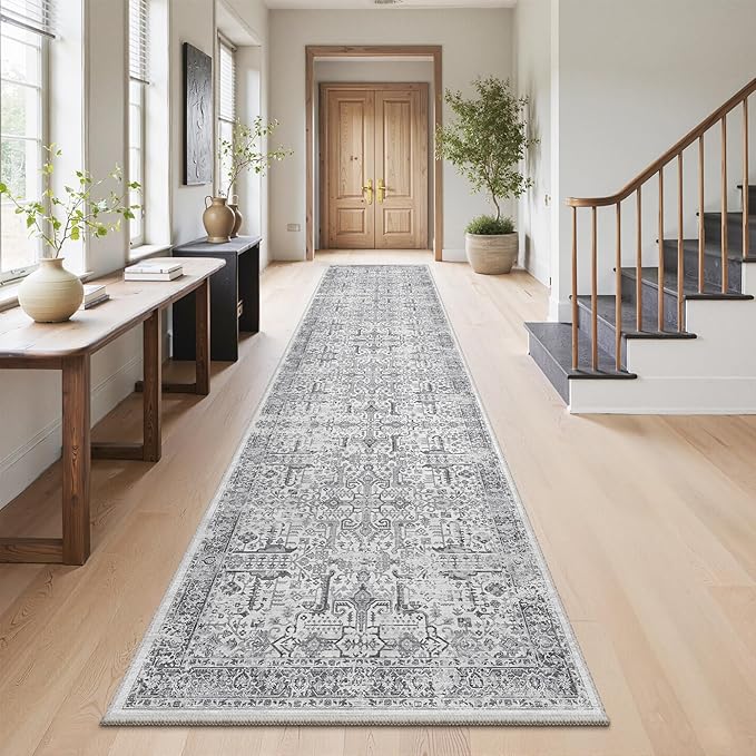 Hallway Washable Runner Rug 2x12 - Non Slip Vintage Kitchen Runner Rugs for Entryway Low-Pile Waterproof Long Runners for Living Room Bedroom Medallion Indoor Floor Mat for Bathroom Laundry Grey