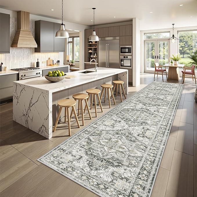 Hallway Runner Rug 2x12, Extra Long Washable Runner Rugs with Rubber Backing, Non Slip Runner, Vintage Rug Runners for Kitchen Laundry Room Entryway (Grey/Beige,2'x12')
