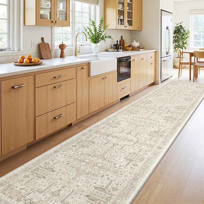Hallway Washable Runner Rug 2x12 - Non Slip Vintage Kitchen Runner Rugs for Entryway Low-Pile Waterproof Long Runners for Living Room Bedroom Medallion Indoor Floor Mat for Bathroom Laundry Beige