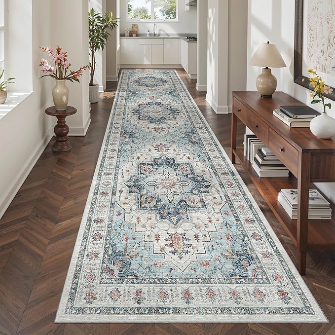 Madane 3x12 Hallway Runner Rug - Non Slip Washable 12ft Runner for Hallways Soft Vintage Kitchen Rugs Low-Pile Carpet Runner for Entryway Bathroom Thin Floor Mat for Bedroom Dining Room, Blue