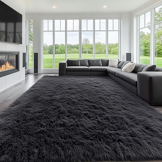 OLANLY 9x11 Machine Washable Large Area Rugs for Living Room, Bedroom, Soft Fluffy Shaggy Bedside Rug, Indoor Floor Carpet for Kids Girls and Boys, Dorms, Nursery, Home Decor Aesthetic, Black