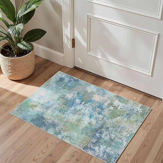 2x3 Rugs for Entryway Entrance Kitchen Bathroom, Machine Washable Rug Modern Abstract Soft Area Rug, Low Pile Indoor Floor Carpet with Non Slip Backing, Blue Green
