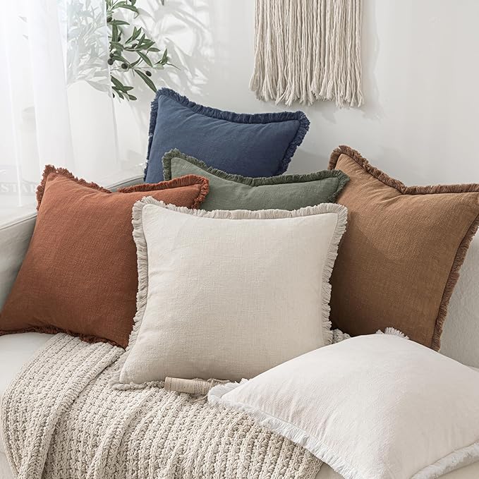 MIULEE Decorative Throw Pillow Covers Neutral Linen Fringe Throw Pillows Euro Shams Set of 2 Brown Boho Farmhouse Cushion Covers for Couch Sofa Bed Living Room Spring Home Decor 26x26 Inch