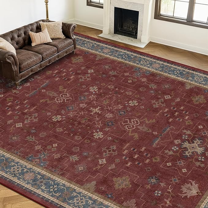 Hazo Haus Moroccan Big Rugs for Living Room - Dark Red 10x12 Area Rug for Large Bedroom, Dining Room, Washable Lightweight Foldable Oriental Burgendy Home Décor